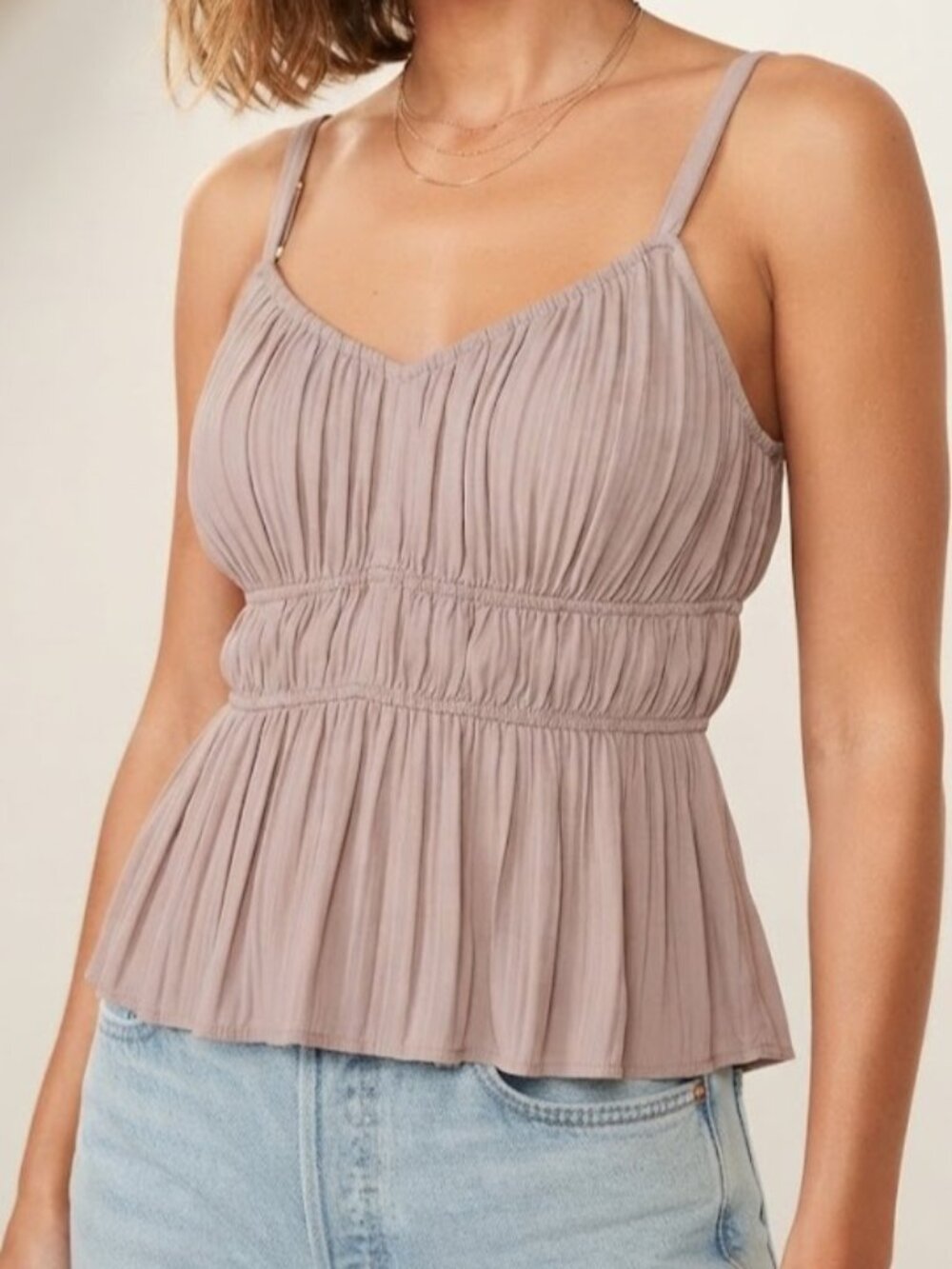 Taupe Beige Babydoll Pleated Tank Top